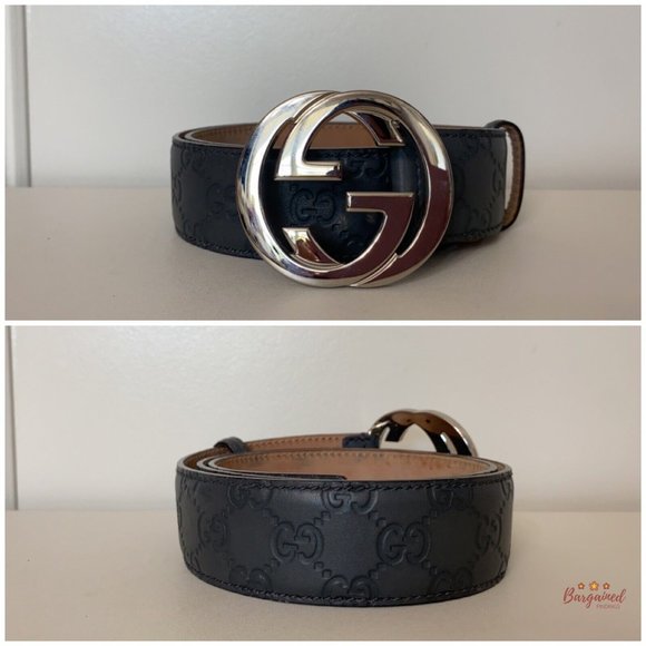 Authentic Gucci Gray Guccissima Leather Silver Interlocking G Buckle Belt 85/34 - Picture 3 of 12